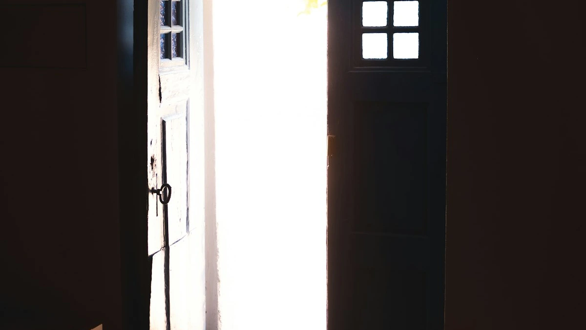 An open wooden door pours bright daylight into a dark quiet room. — a The Obsidian Key guide to People Pleasing Is a Porous Signal Not a Personality.