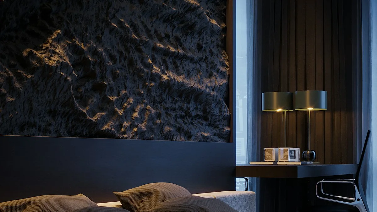 A made bed with a rust blanket in a dark bedroom, two small lamps glowing on the desk beside drawn curtains. — a The Obsidian Key guide to Protecting Your Sleep: The Evening Close of the Shield.