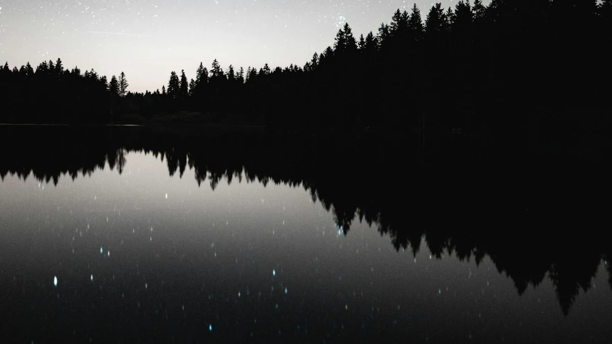 A dark treeline and night sky reflected in the still surface of a lake. — a The Obsidian Key guide to Replay Is Not Rumination: Rewriting Without Reliving.