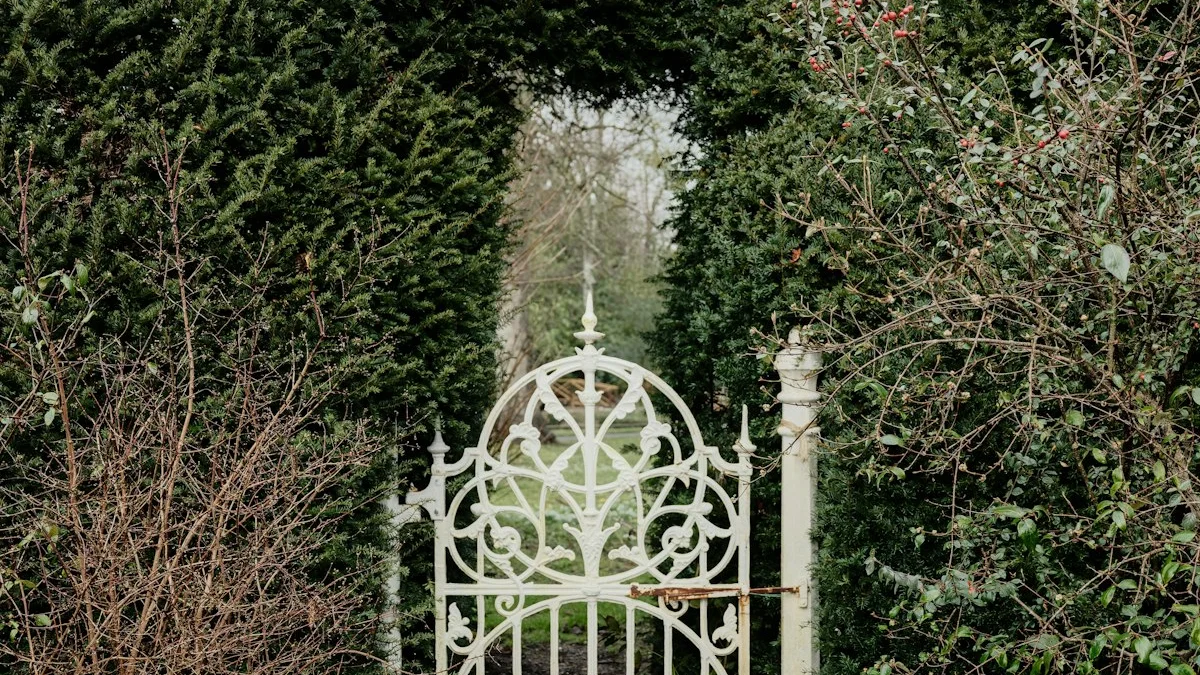 An ornate white wrought-iron garden gate stands open within a tall green hedge. — a The Obsidian Key guide to Rescue or Trap: When an Opportunity Arrives Like Salvation.