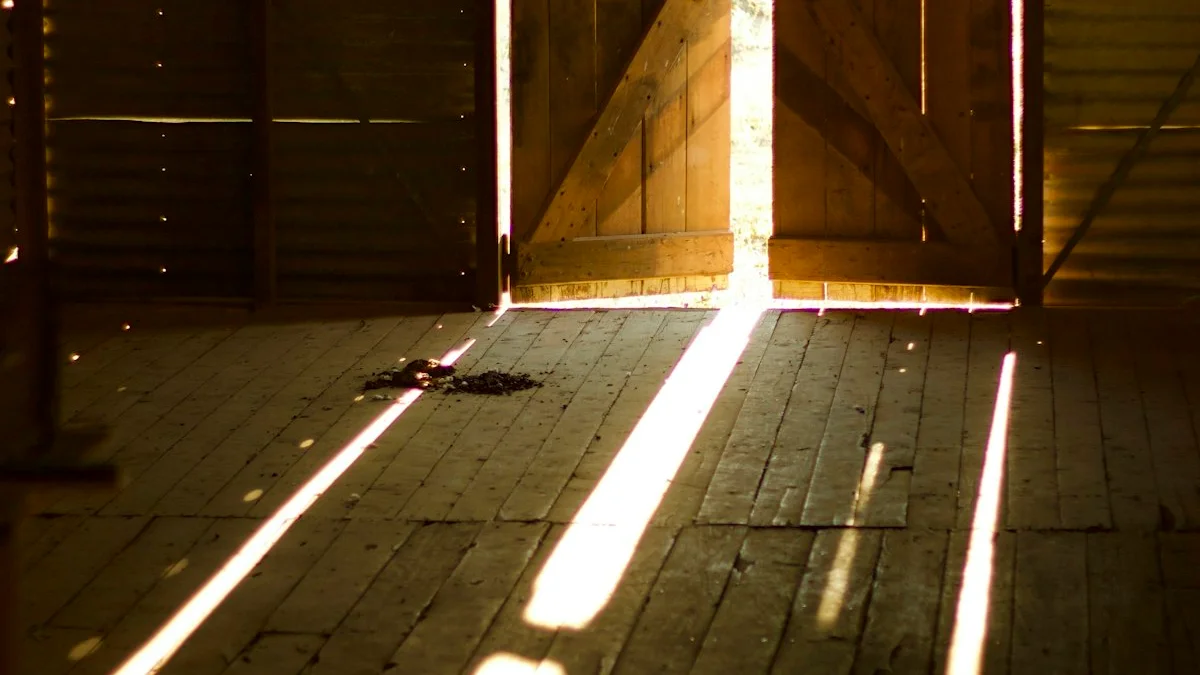 Golden light from open wooden barn doors spills across the worn floorboards of a dark empty room. — a The Obsidian Key guide to Room Audit: Which Spaces Bill You.