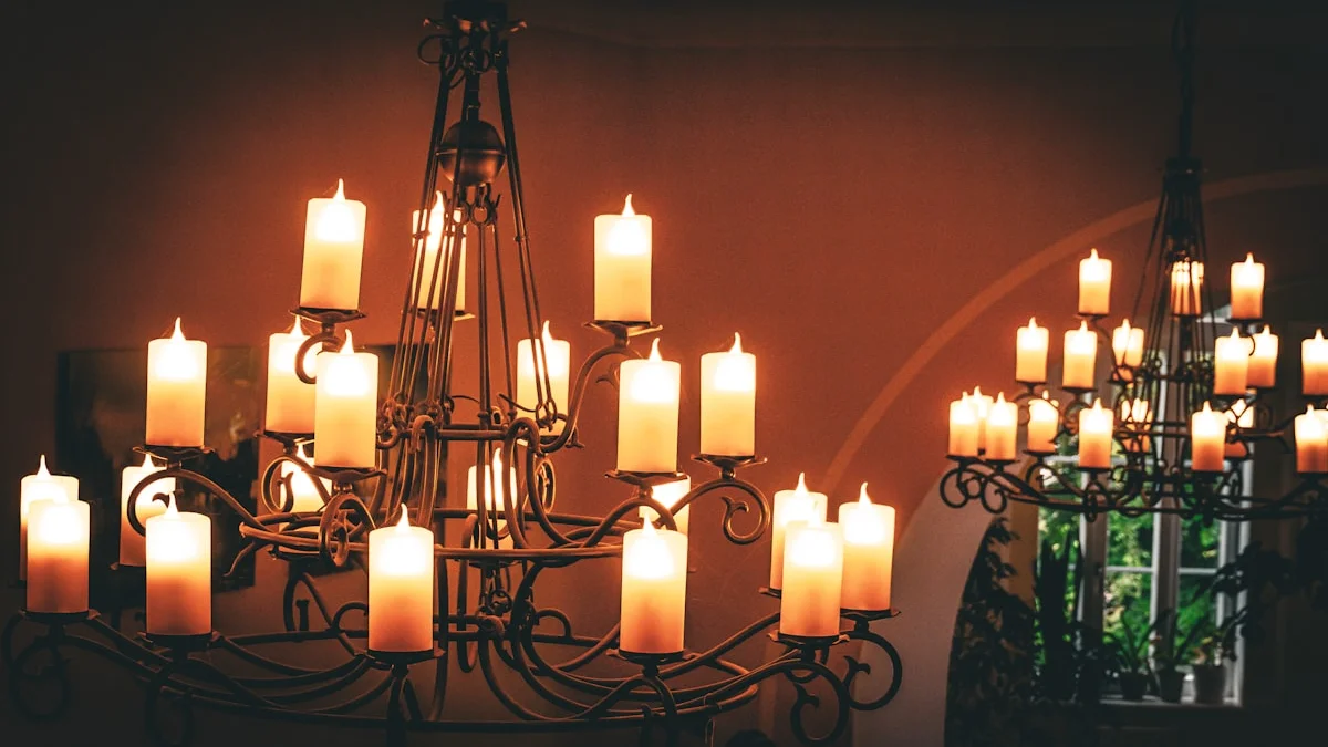 Glowing white candles burn on two wrought-iron chandeliers in a warm dim room. — a The Obsidian Key guide to The Pre Sleep Recovery Rite After a Hard Conflict.