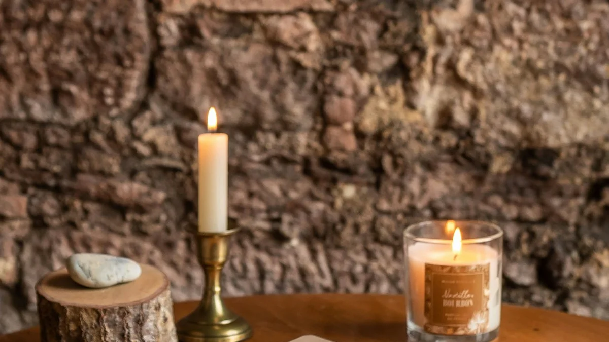 Two lit candles, one on a brass stick and one in a glass jar, on a wooden table against a rough stone wall. — a The Obsidian Key guide to 7 Mistakes New Seekers Make With Teachers and Money.