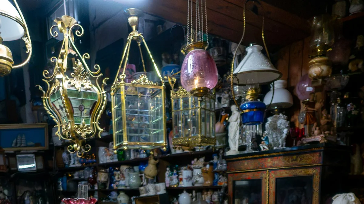 Antique brass lanterns and shelves of old treasures crowd a dim vintage shop. — a The Obsidian Key guide to Seven Failures Nine Laws: Mapping Your Stalls.