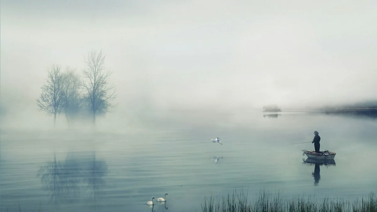 A lone figure stands in a small boat on a misty, mirror-still lake at dawn. — a The Obsidian Key guide to Signs the First Law Is Working: The Widening Pause.