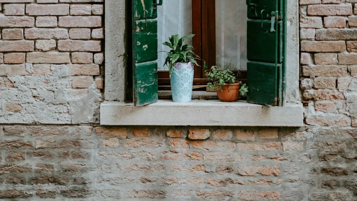 Potted green plants on a stone window sill between weathered green shutters in a warm brick wall. — a The Obsidian Key guide to Signs the Fourth Law Is Working: Early Precipitation.
