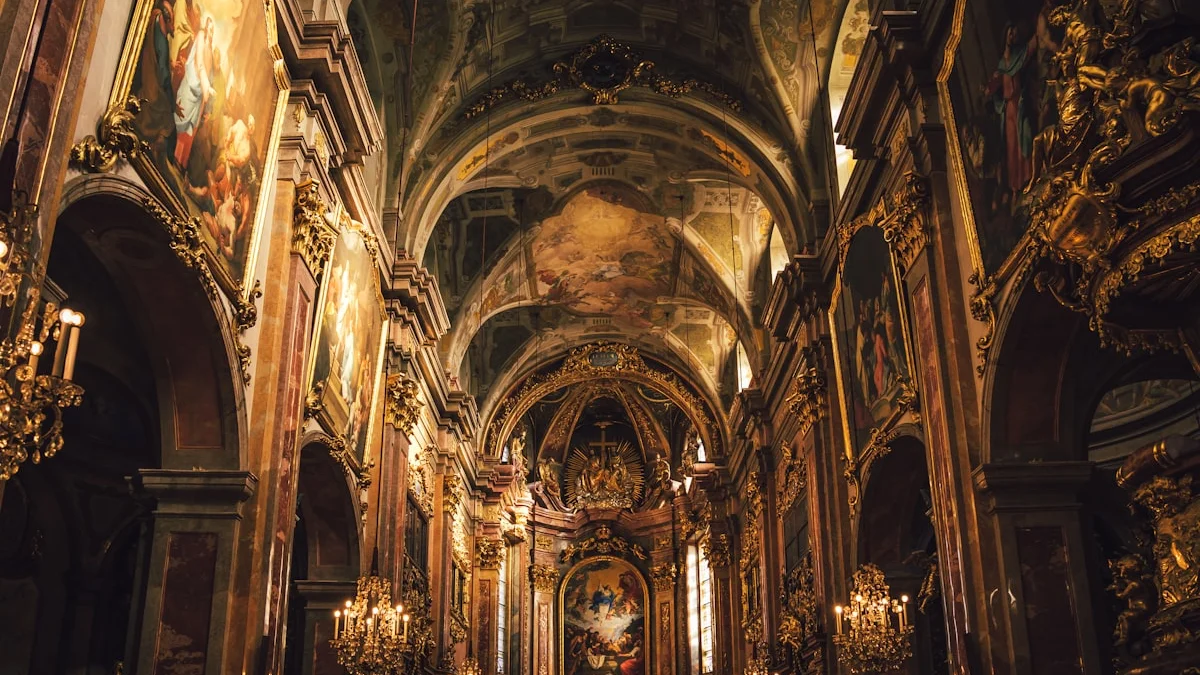 Candlelit chandeliers glow along the dark, gold-adorned nave of an old church. — a The Obsidian Key guide to Spiritual Protection for Beginners: Start With Two Minutes.