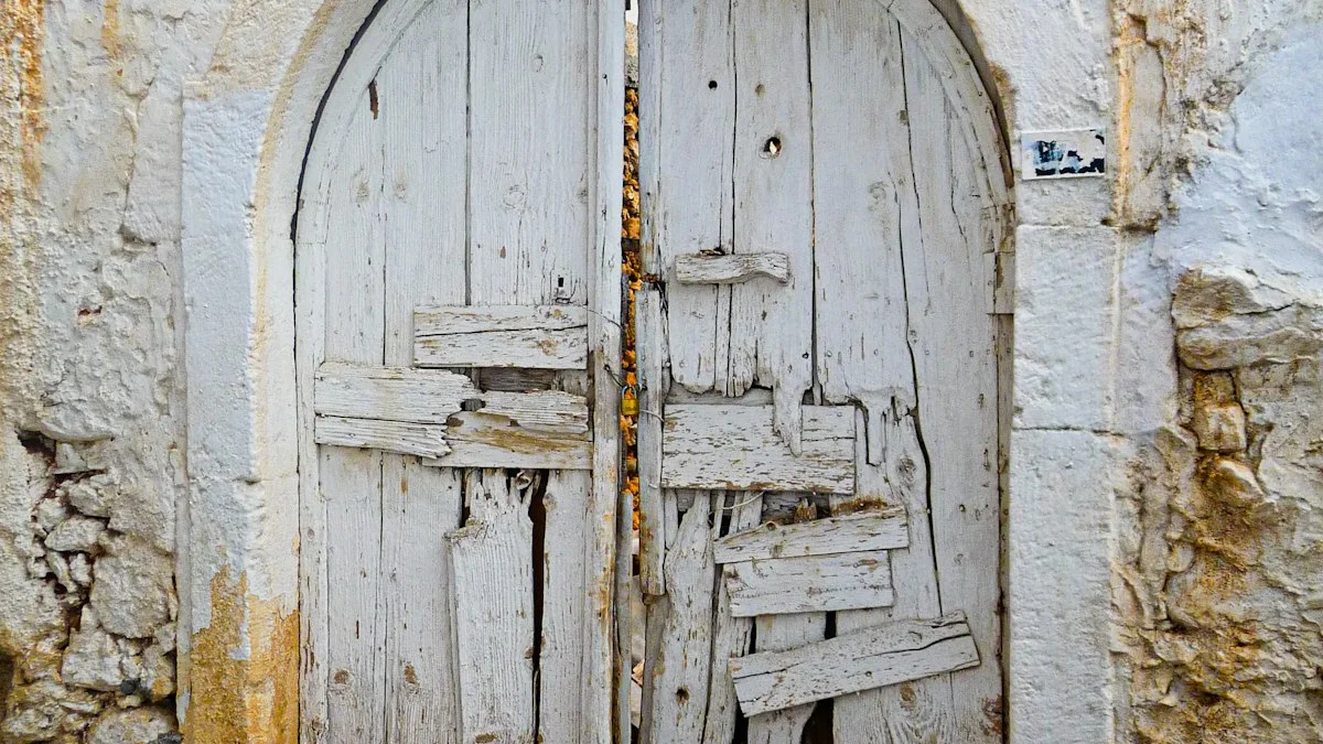 A weathered arched wooden door is set in a whitewashed stone wall. — a The Obsidian Key guide to Stillness in the Obsidian Key: The First Law Explained.