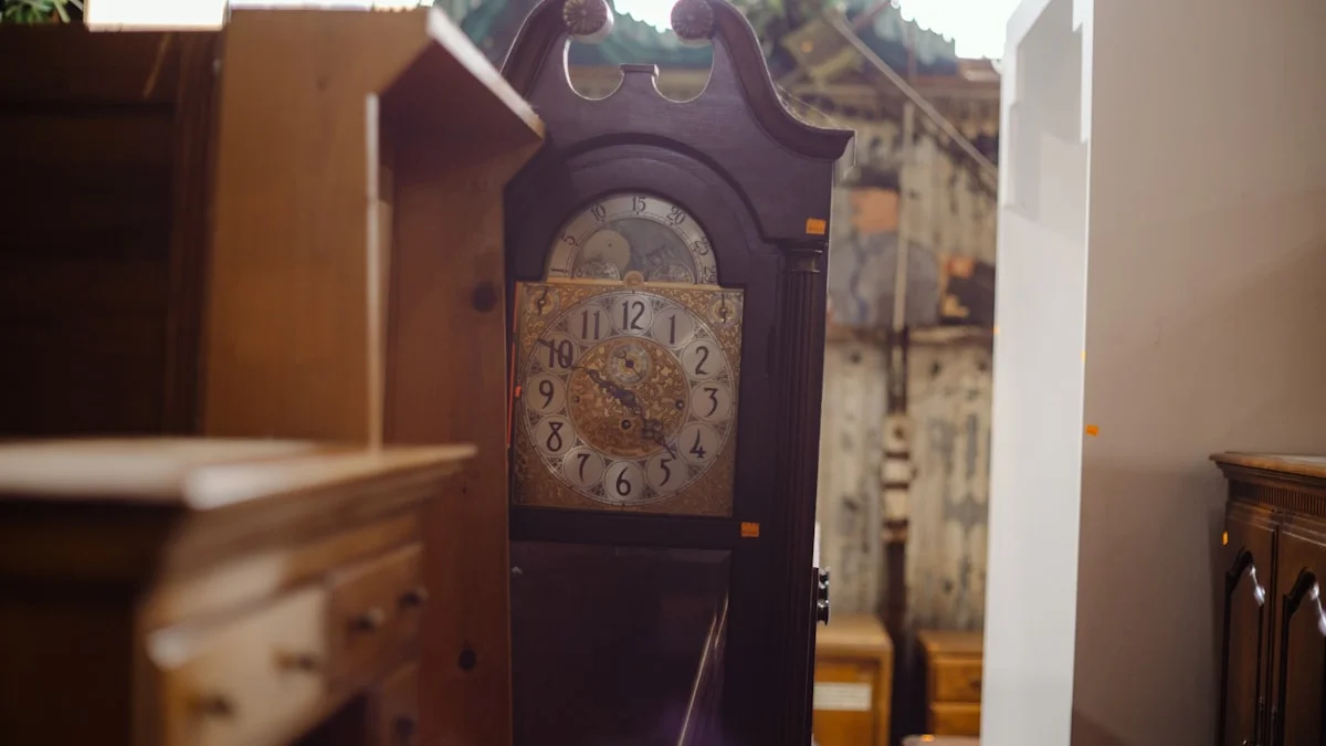 An antique grandfather clock with an ornate brass face stands among old furniture. — a The Obsidian Key guide to The Ten Minute Evening Ritual of the Key.