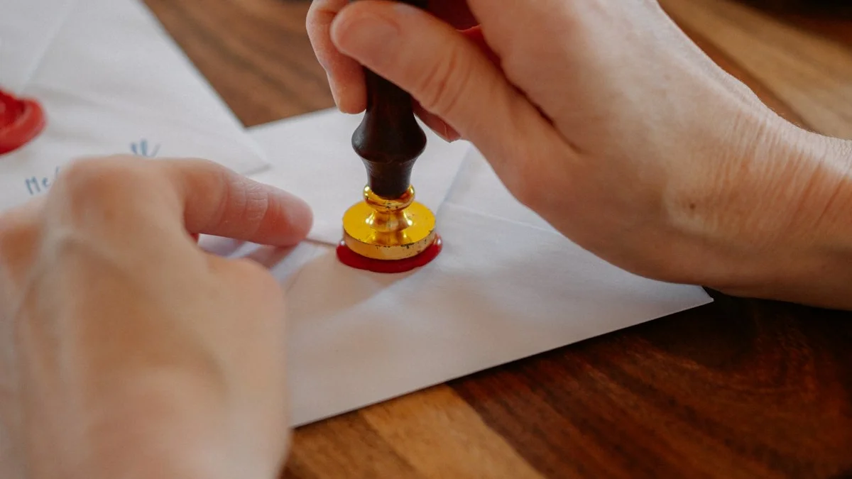 Hands pressing a red wax seal onto an envelope on a wooden desk. — a The Obsidian Key guide to The Assumed State: Identity Not Outcome.