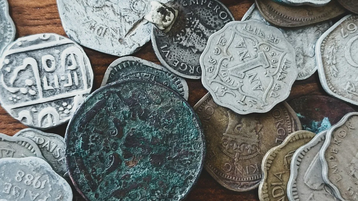 A pile of weathered old coins scattered across a warm wooden table. — a The Obsidian Key guide to The Daily Movement: One Deliberate Unit of Money.