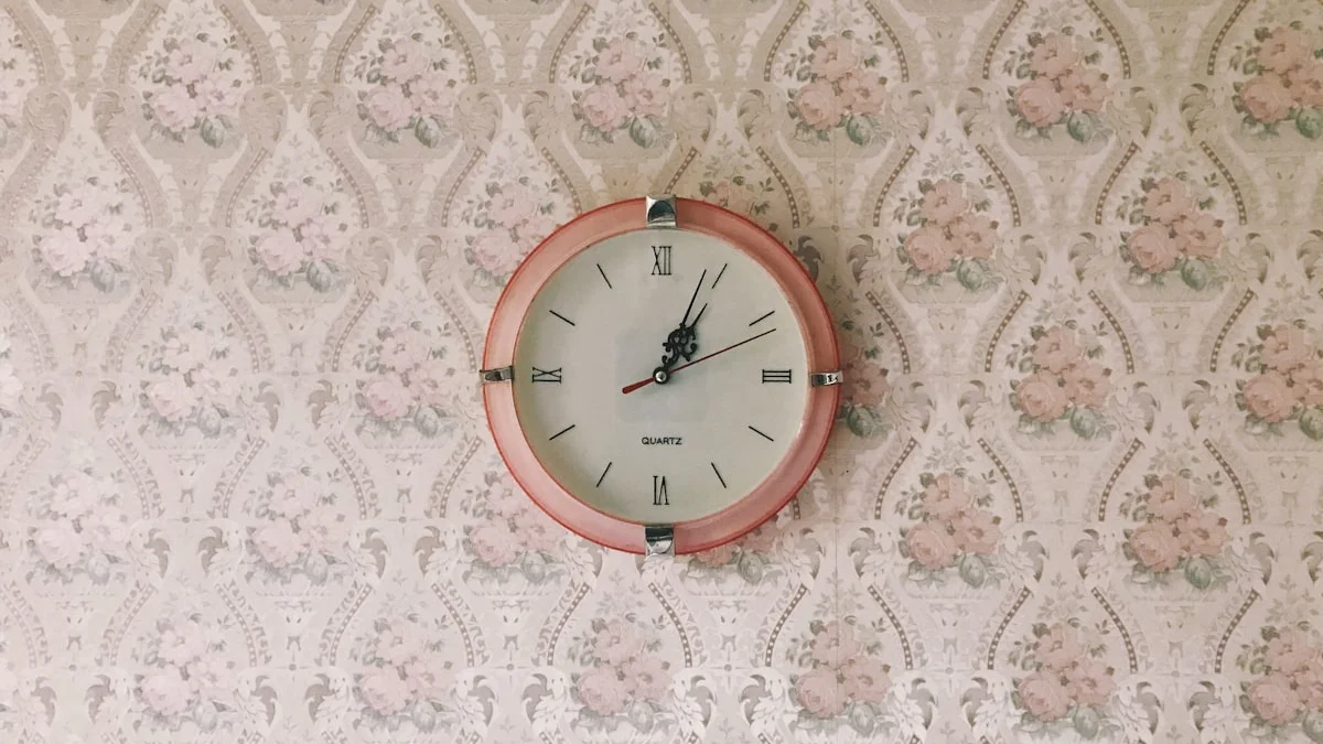 A round vintage wall clock with a pink rim hangs on floral wallpaper. — a The Obsidian Key guide to The Fourth Day Review: Second-Tier Leaks.