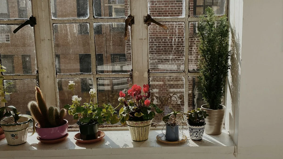 Rows of potted plants line a sunlit windowsill above an old factory window. — a The Obsidian Key guide to The Fourth Law: The Compounded Signal and Day 9.
