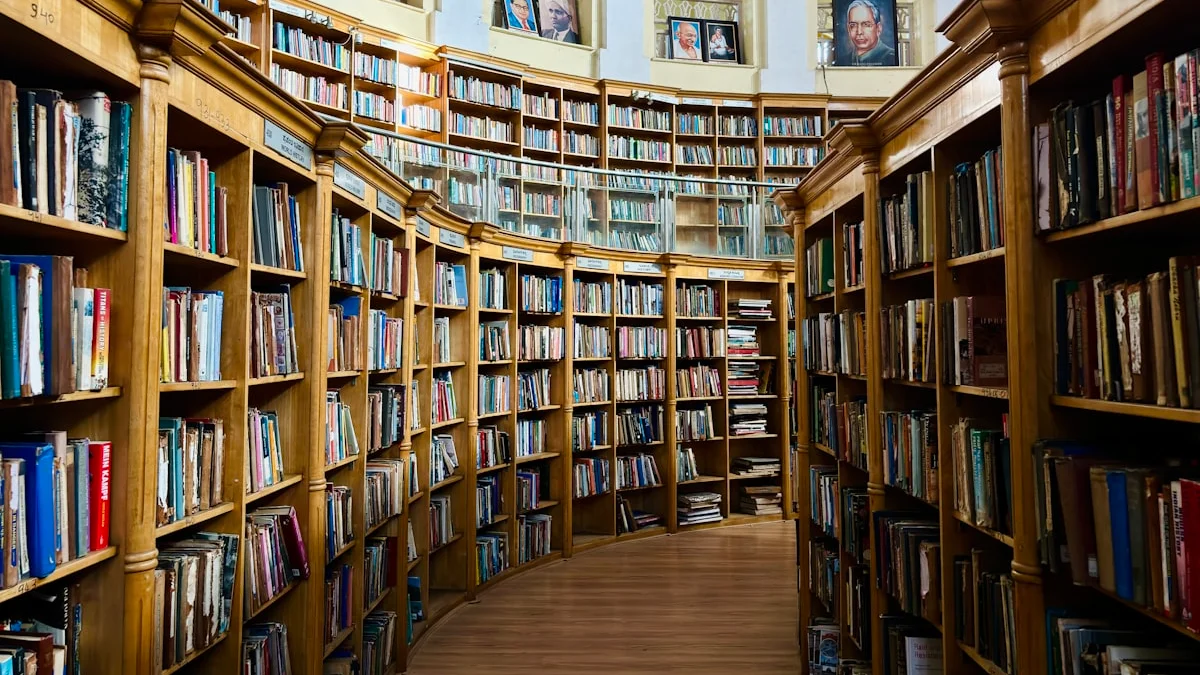 Curved wooden stacks of a round library room rise full of old books. — a The Obsidian Key guide to The Halloway Collection: A Dead Man's Library.