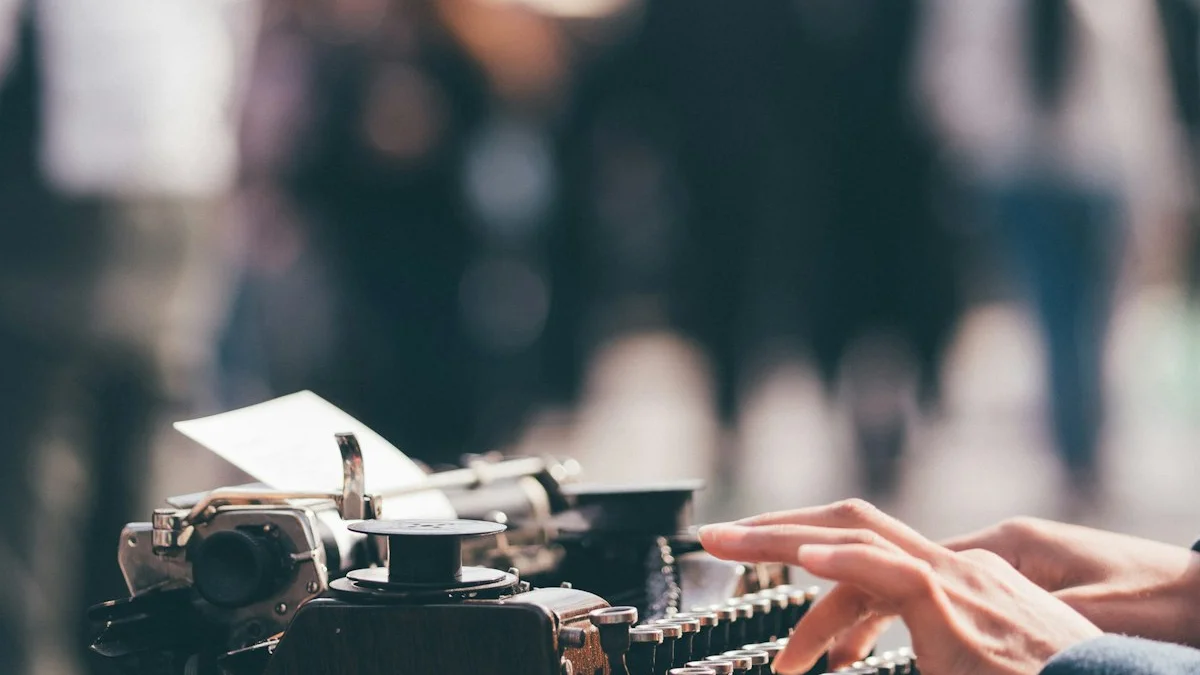Hands typing on a vintage typewriter while a blurred crowd passes behind. — a The Obsidian Key guide to The Installed Explanation: Who Wrote Your Map of Reality.