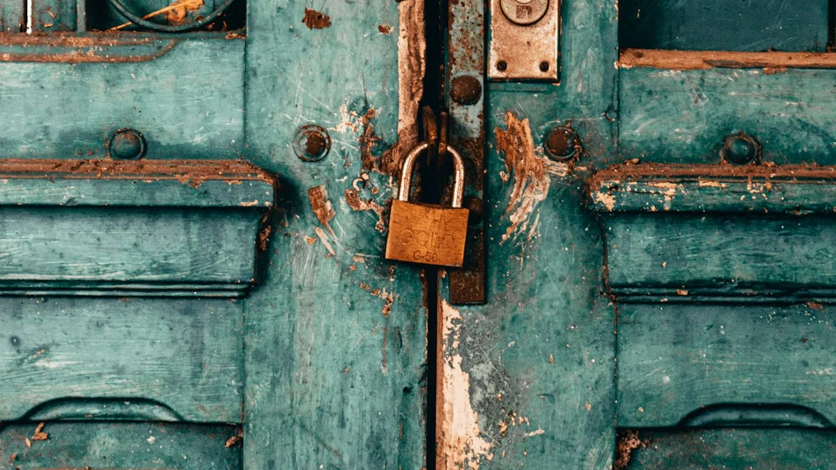 A brass padlock clasps the hasp of a weathered teal wooden door. — a The Obsidian Key guide to The Nine Laws of the Architecture: An Overview.