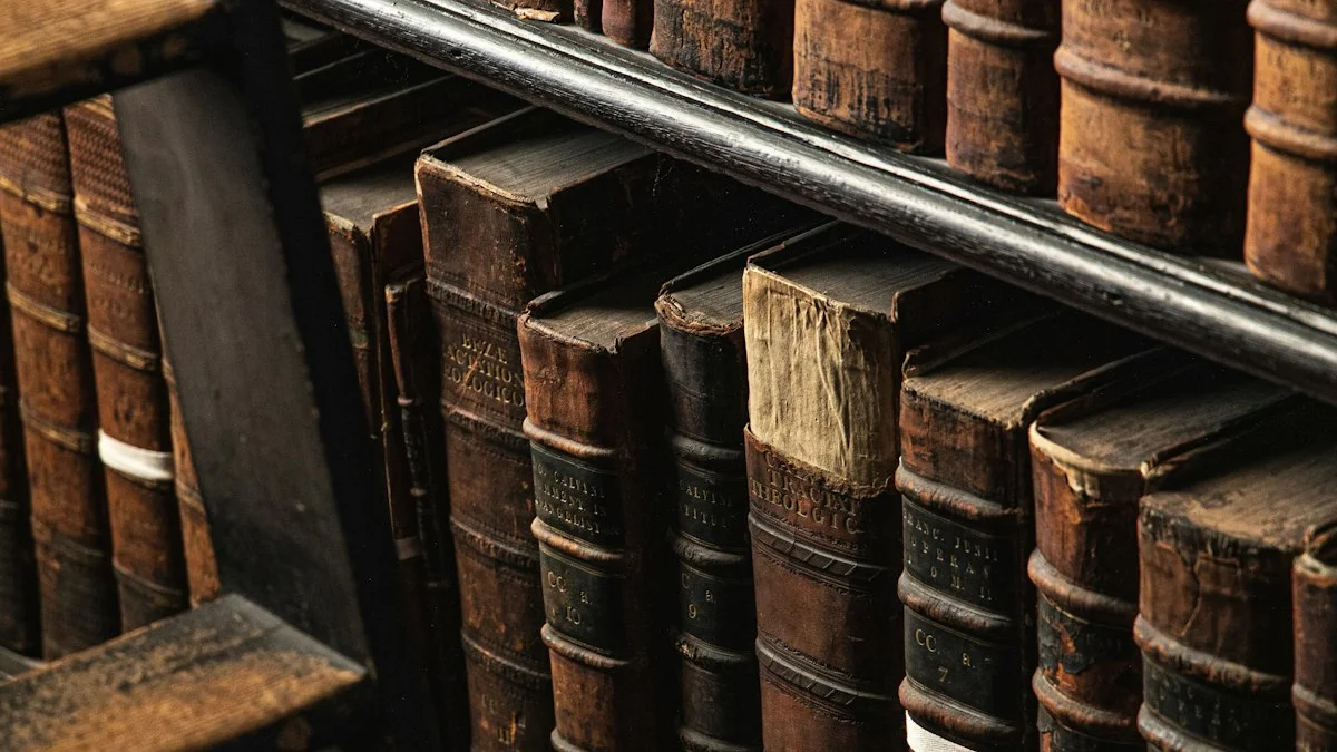 Worn leather-bound volumes crowd a dark wooden shelf beside a reading ladder. — a The Obsidian Key guide to The Obsidian Folios Explained: Manuscript History.