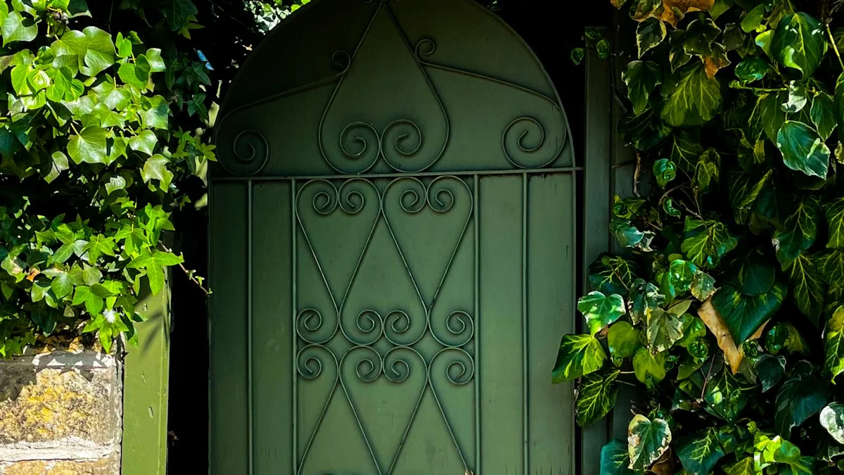 A green wrought-iron garden gate stands closed among lush ivy and a stone wall. — a The Obsidian Key guide to The Parasite Audit: What Farms You and What Feeds You.