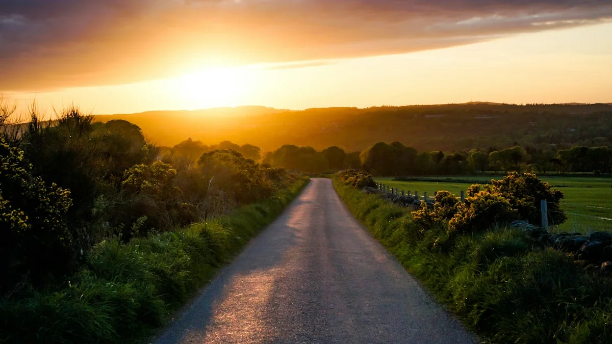 A quiet country lane leading straight toward a golden sunrise. — a The Obsidian Key guide to The Quiet March for Income: One Act a Day.