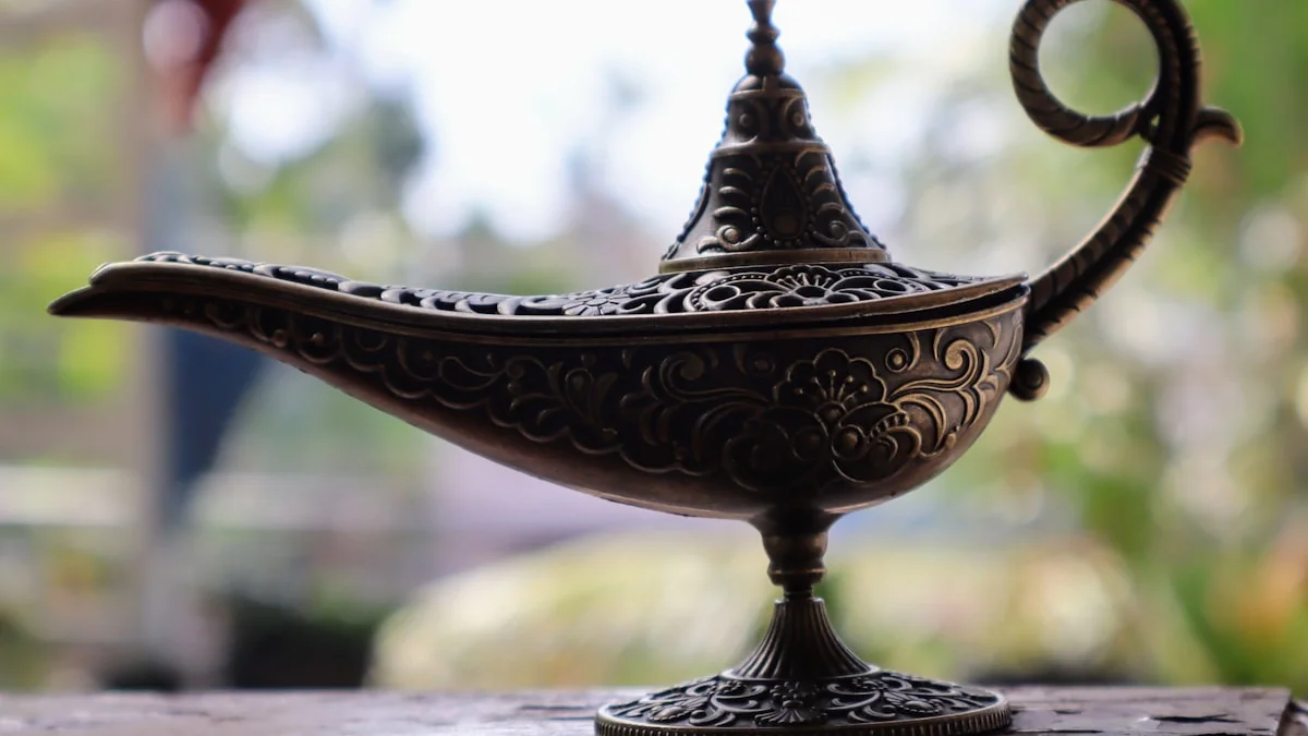 An ornate antique brass oil lamp stands on a wooden ledge against blurred greenery. — a The Obsidian Key guide to The Recovery Rite: Same Day Before Sleep.