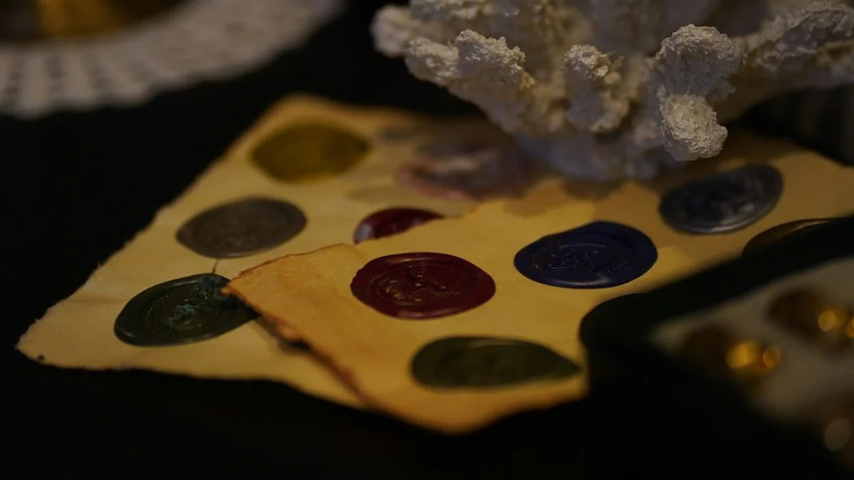 Colorful wax seals pressed onto aged paper in dim warm light. — a The Obsidian Key guide to The Sealing: The Seven-Day Seal Defined.