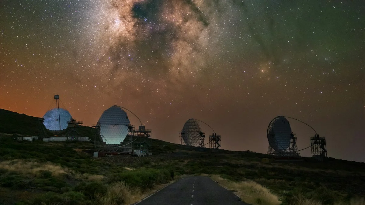 Radio telescope dishes stand beneath the Milky Way above an amber night horizon. — a The Obsidian Key guide to The Signal: The Broadcast Your Life Is Built On.