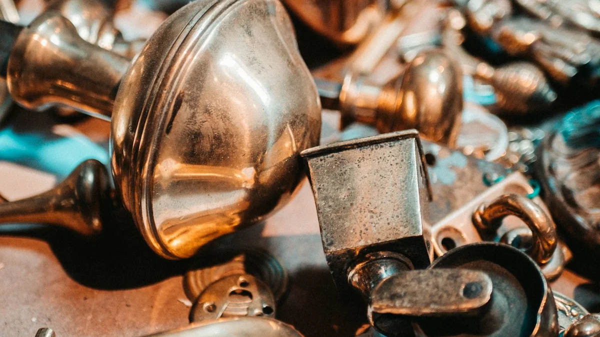 A pile of warm brass knobs and hardware lies heaped on a wooden table. — a The Obsidian Key guide to The Wealth Operation: The Twenty-One Day Money Program.