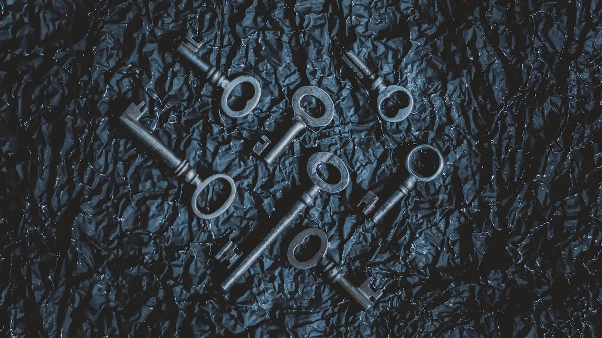 Antique skeleton keys lie scattered across a dark crinkled surface. — a The Obsidian Key guide to The Third Law in the Obsidian Key: A Reader Guide.