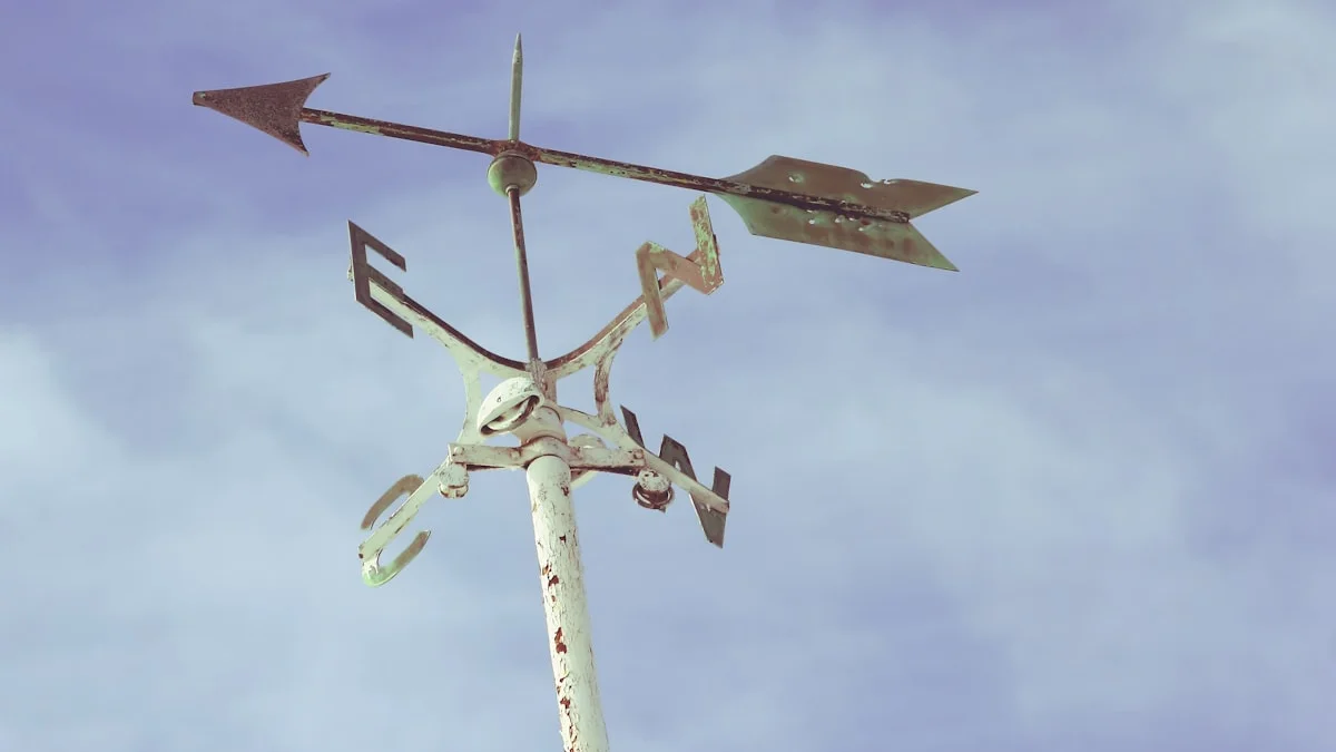 A weathered metal direction arrow and compass points on an old post against a pale sky. — a The Obsidian Key guide to The Thirty-Day Path in the Obsidian Key: A Reader Map.