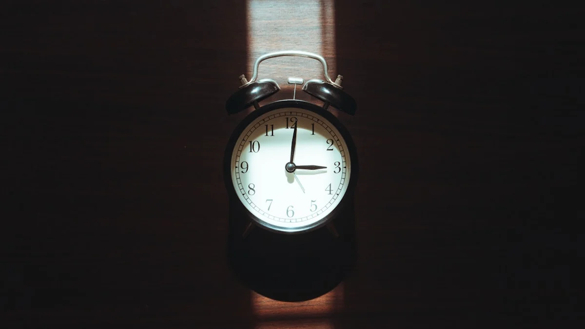 A vintage alarm clock casts a long shadow on a dark wooden table under a band of window light. — a The Obsidian Key guide to What Thirty-Five Minutes Twice a Day Buys You.