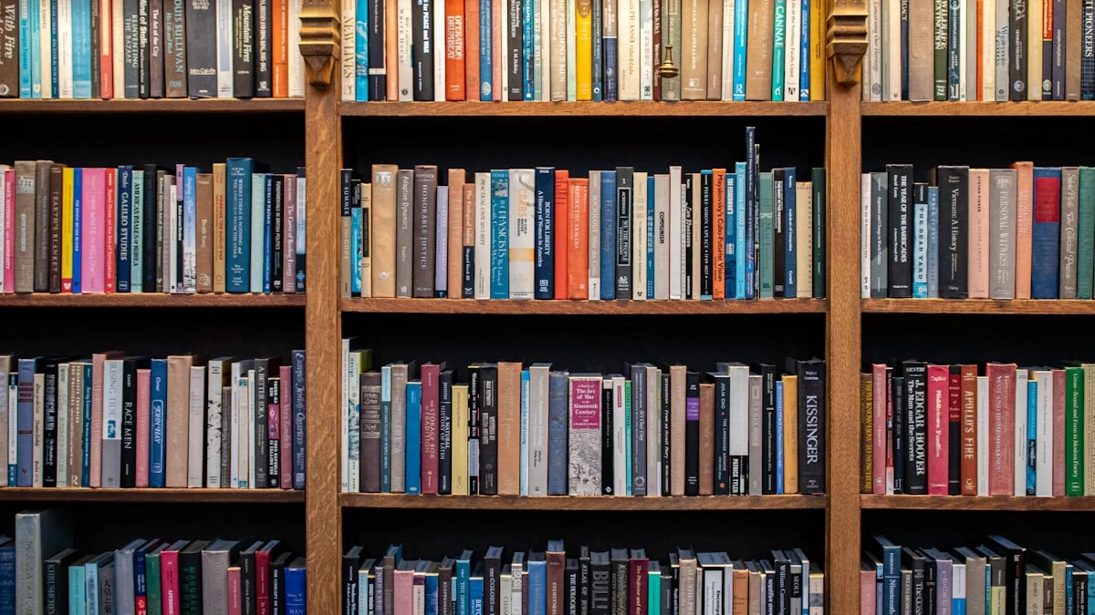 A tall oak bookshelf packed edge to edge with colorful book spines. — a The Obsidian Key guide to Wealth Mindset Books and the Body Test.
