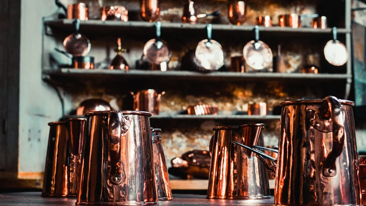 Polished copper pitchers stand on a dark wooden table before shelves of copper cookware. — a The Obsidian Key guide to What the Parasite Audit Gives You: A Readers Review.