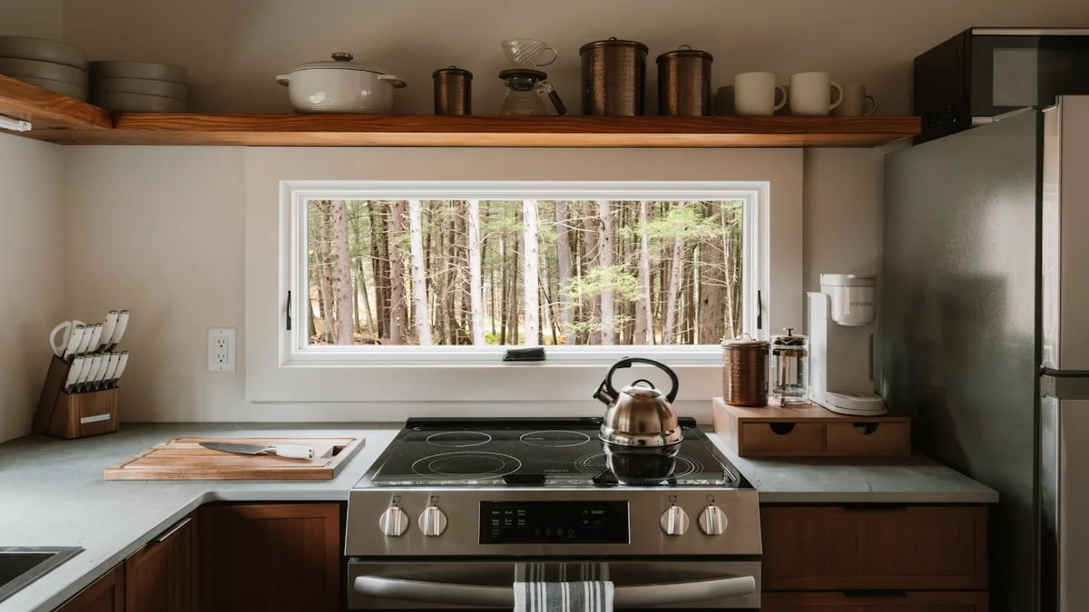 A copper kettle rests on a stove in a warm wood kitchen with a green forest window at morning. — a The Obsidian Key guide to When Money Moves: The First Twenty-Four Hours.