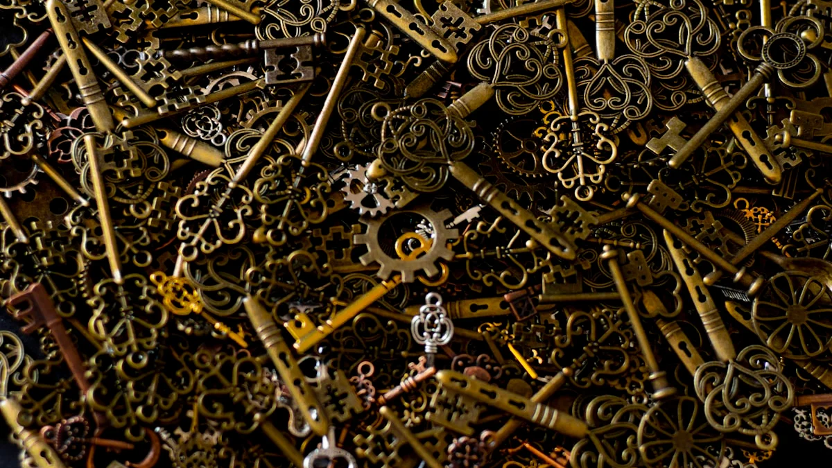 A dense pile of ornate brass skeleton keys in gold and copper tones. — a The Obsidian Key guide to Where to Buy The Obsidian Key and What It Includes.