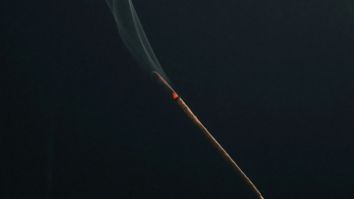 A single stick of incense burns in the dark, releasing a thin ribbon of smoke. — a The Obsidian Key guide to Who Is Lucian Vael? The Author Behind the Key.